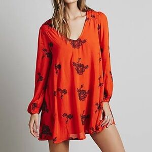 Free People Austin Emma Embroidered Mini Swing Dress In Blood Orange